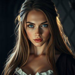 A busty woman inquisitor with deep blue eyes, very big bust, and long light brown hair
