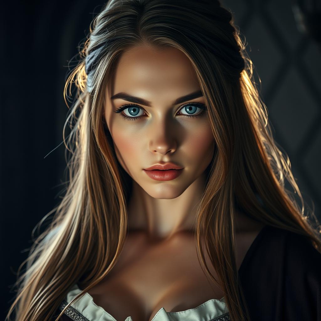 A busty woman inquisitor with deep blue eyes, very big bust, and long light brown hair
