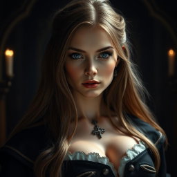 A busty woman inquisitor with deep blue eyes, very big bust, and long light brown hair