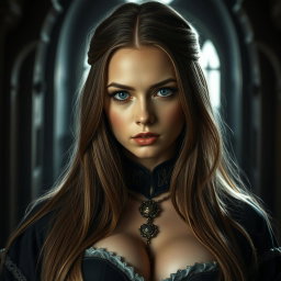 A busty woman inquisitor with deep blue eyes, very big bust, and long light brown hair