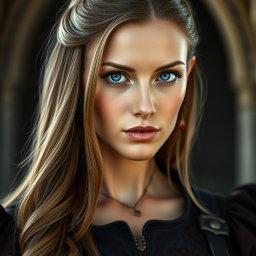 A stunning inquisitor woman with deep blue eyes and an impressively large bust