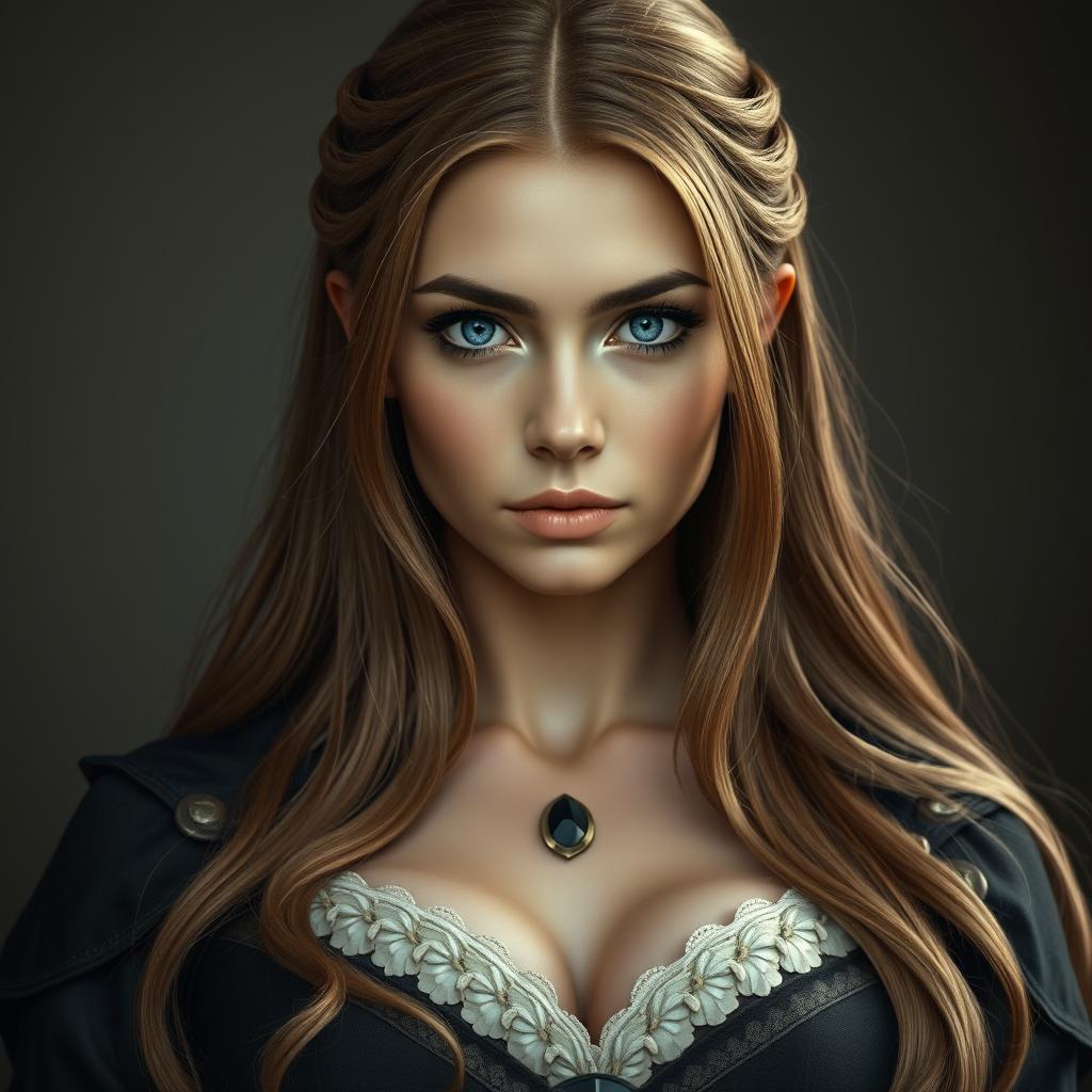 A stunning inquisitor woman with deep blue eyes and an impressively large bust