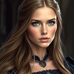 A stunning inquisitor woman with deep blue eyes and an impressively large bust