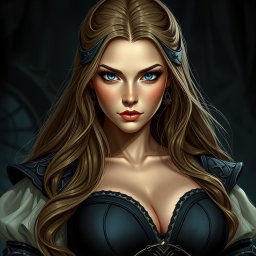 A busty woman inquisitor with deep blue eyes, wearing an elaborate inquisitor’s outfit