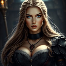 A busty woman inquisitor with deep blue eyes, wearing an elaborate inquisitor’s outfit