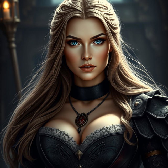 A busty woman inquisitor with deep blue eyes, wearing an elaborate inquisitor’s outfit