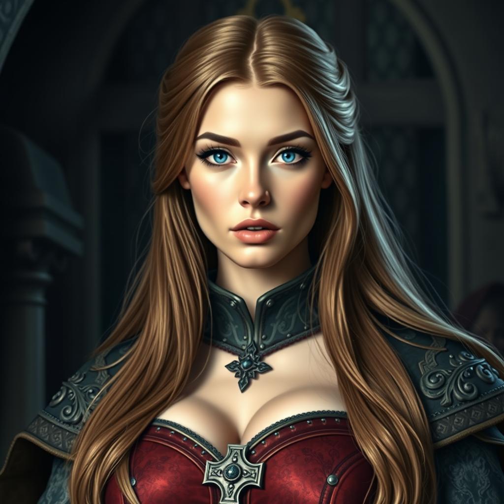 A busty woman inquisitor with deep blue eyes, wearing an elaborate inquisitor’s outfit
