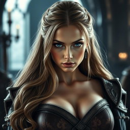 A busty woman inquisitor with deep blue eyes, wearing an elaborate inquisitor’s outfit