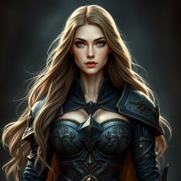 A busty woman inquisitor with deep blue eyes and a very big bust, wearing an intricately designed fantasy battle outfit suitable for an inquisitor