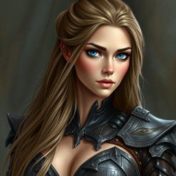 A busty woman inquisitor with deep blue eyes and a very big bust, wearing an intricately designed fantasy battle outfit suitable for an inquisitor