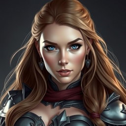 A busty woman inquisitor with deep blue eyes and a very big bust, wearing an intricately designed fantasy battle outfit suitable for an inquisitor