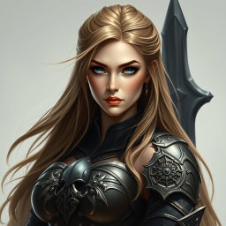 A busty woman inquisitor with deep blue eyes and a very big bust, wearing an intricately designed fantasy battle outfit suitable for an inquisitor