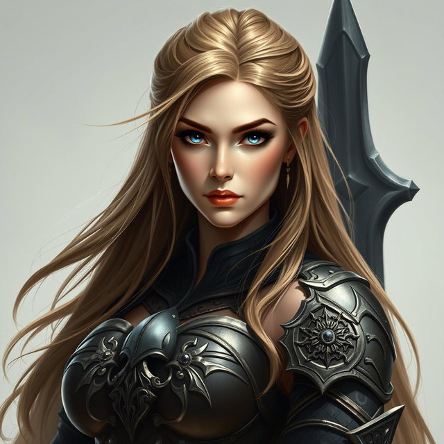 A busty woman inquisitor with deep blue eyes and a very big bust, wearing an intricately designed fantasy battle outfit suitable for an inquisitor