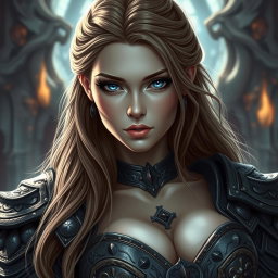 A busty woman inquisitor with deep blue eyes and very big bust