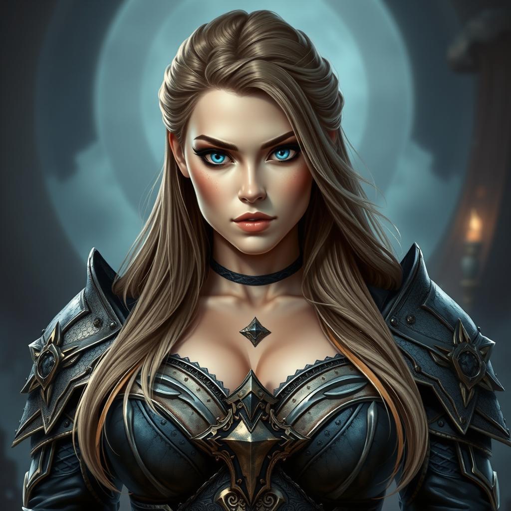 A busty woman inquisitor with deep blue eyes and very big bust