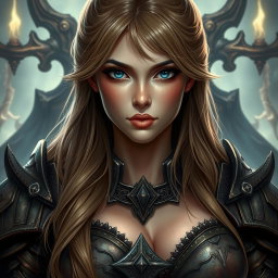 A busty woman inquisitor with deep blue eyes and very big bust