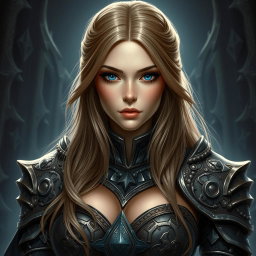 A busty woman inquisitor with deep blue eyes and very big bust