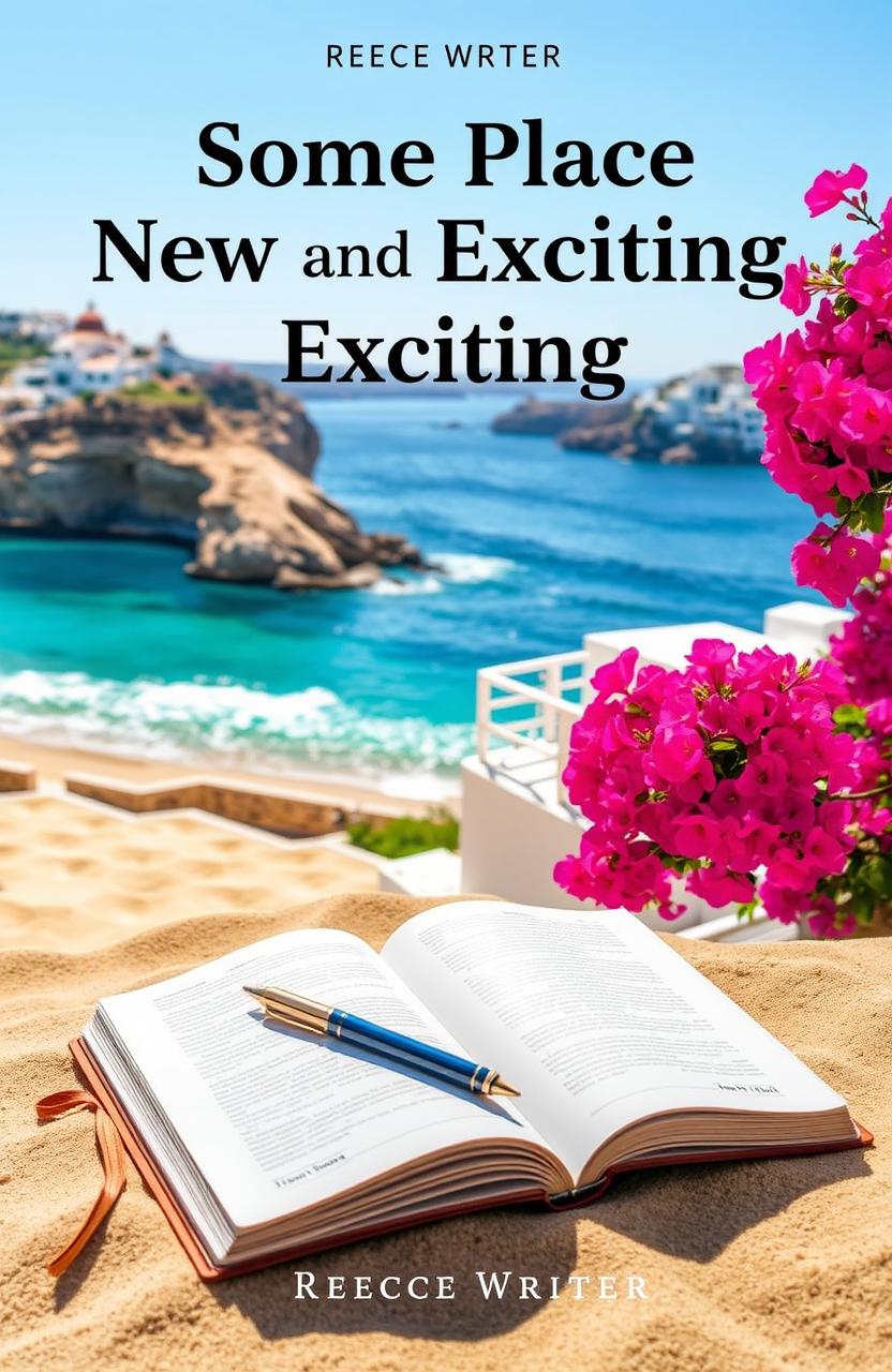 A captivating book cover for 'Some Place New and Exciting' by Reece Writer, featuring a stunning view of the Aegean Sea with vibrant pink bougainvilleas in full bloom