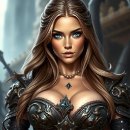 A stunning busty woman inquisitor with deep blue eyes and very big bust, wearing an intricately designed fantasy battle outfit