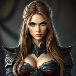 A stunning busty woman inquisitor with deep blue eyes and very big bust, wearing an intricately designed fantasy battle outfit