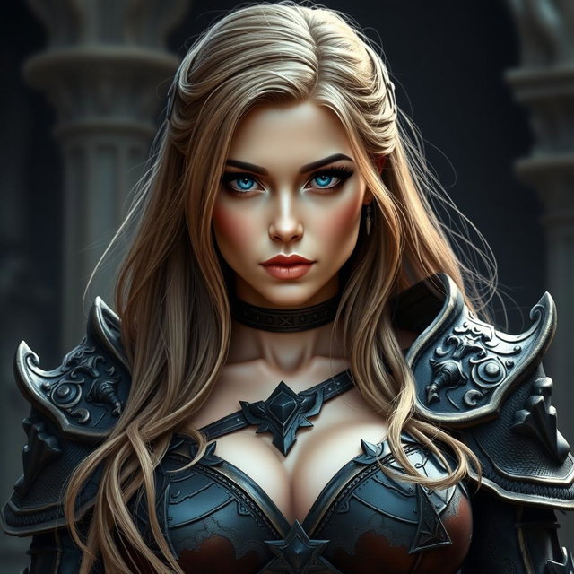 A stunning busty woman inquisitor with deep blue eyes and very big bust, wearing an intricately designed fantasy battle outfit