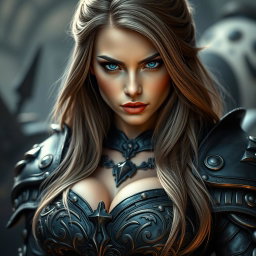 A stunning busty woman inquisitor with deep blue eyes and very big bust, wearing an intricately designed fantasy battle outfit