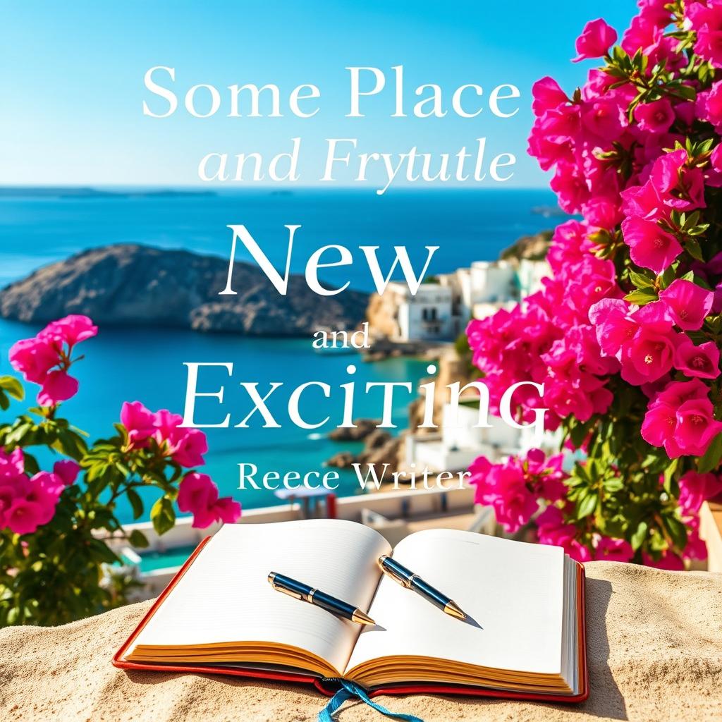 A captivating book cover for 'Some Place New and Exciting' by Reece Writer, featuring a stunning view of the Aegean Sea with vibrant pink bougainvilleas in full bloom