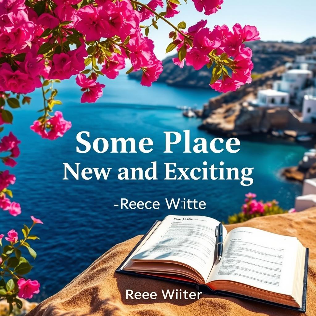 An enchanting book cover for 'Some Place New and Exciting' by Reece Writer, featuring a breathtaking scene of the Aegean Sea adorned with vibrant pink bougainvilleas cascading in the foreground
