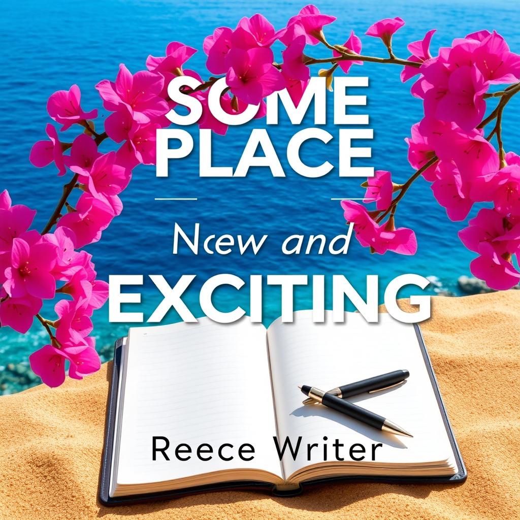 A visually striking book cover for 'Some Place New and Exciting' by Reece Writer, showcasing a beautiful scene of the Aegean Sea with deep blue waters gently lapping at the shore
