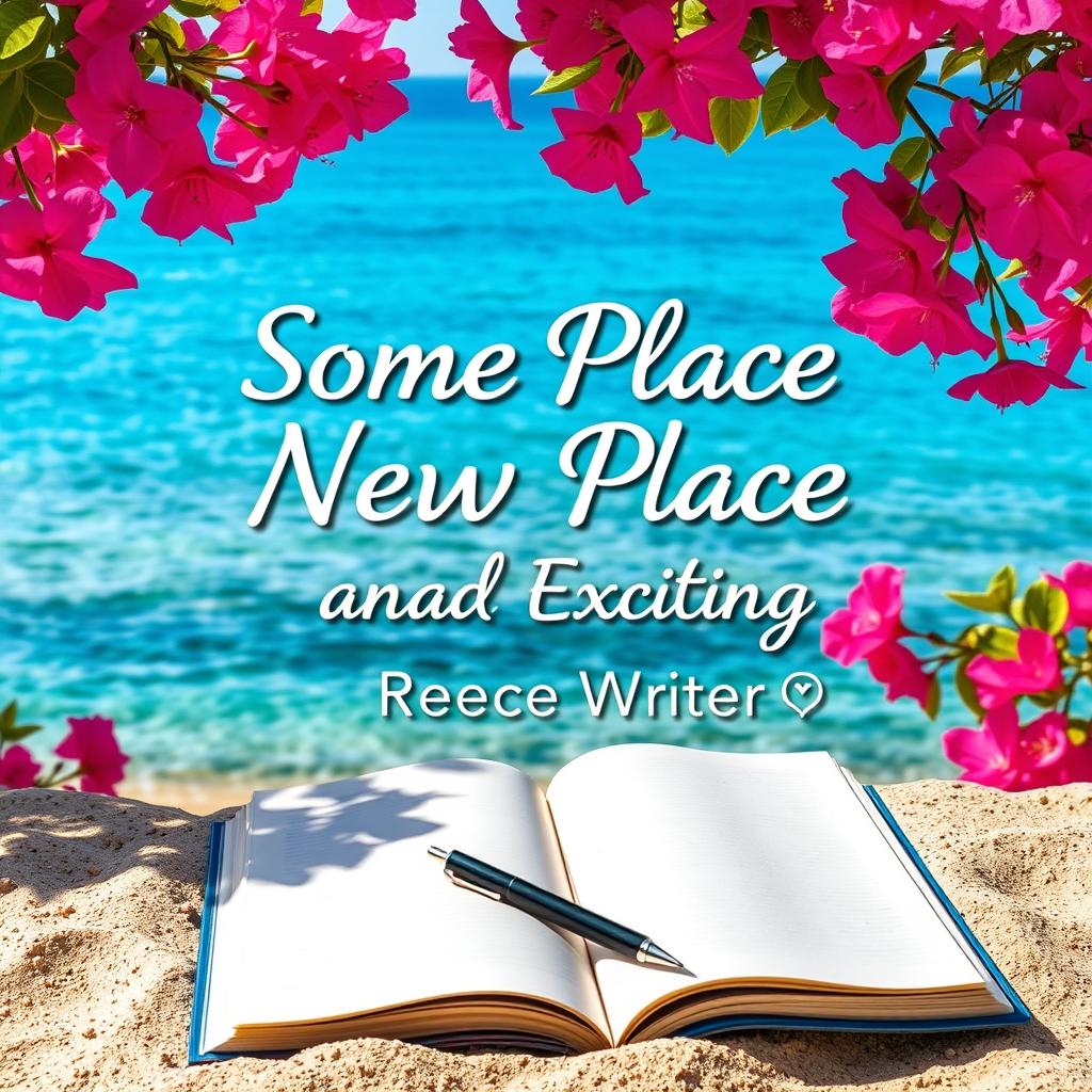 An inviting book cover for 'Some Place New and Exciting' by Reece Writer, showcasing a mesmerizing scene of the Aegean Sea with its stunning blue waters gently lapping against a sandy shore