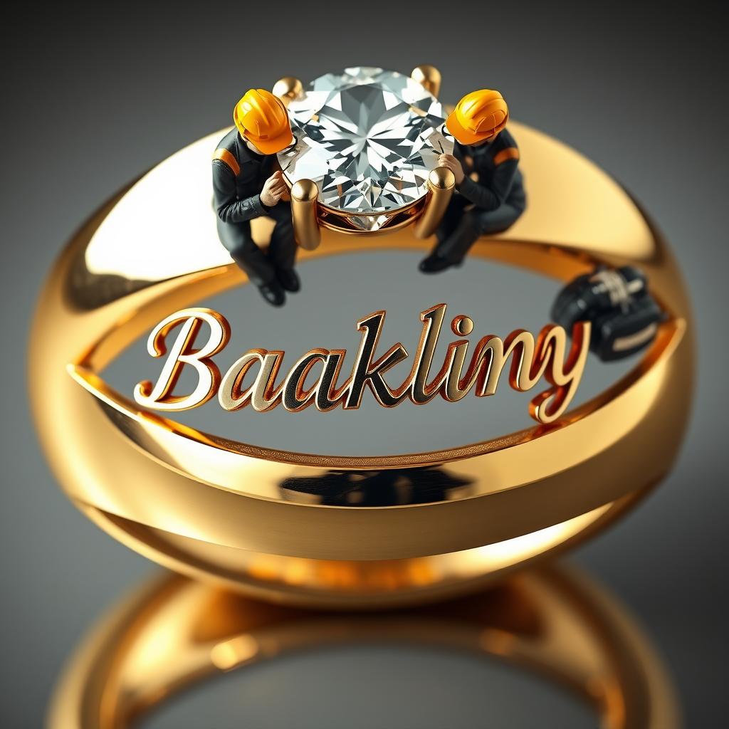 A stunning, realistic representation of a large, shining gold diamond ring, beautifully crafted with a brilliant diamond on top
