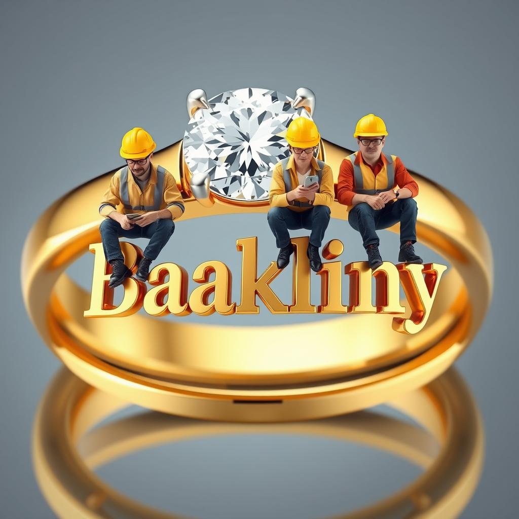 A stunning, realistic image of a large, shiny gold diamond ring, with an exquisite diamond set at the top