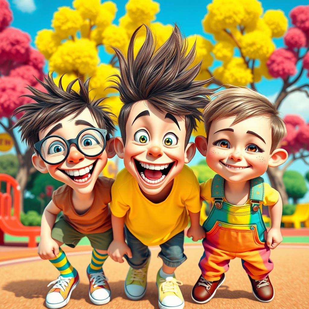 Three quirky, funny-looking kids with exaggerated features: a child with oversized glasses and a goofy grin, another with wild hair sticking up in all directions and a big, toothy smile, and a third with a mischievous expression and freckles covering their cheeks