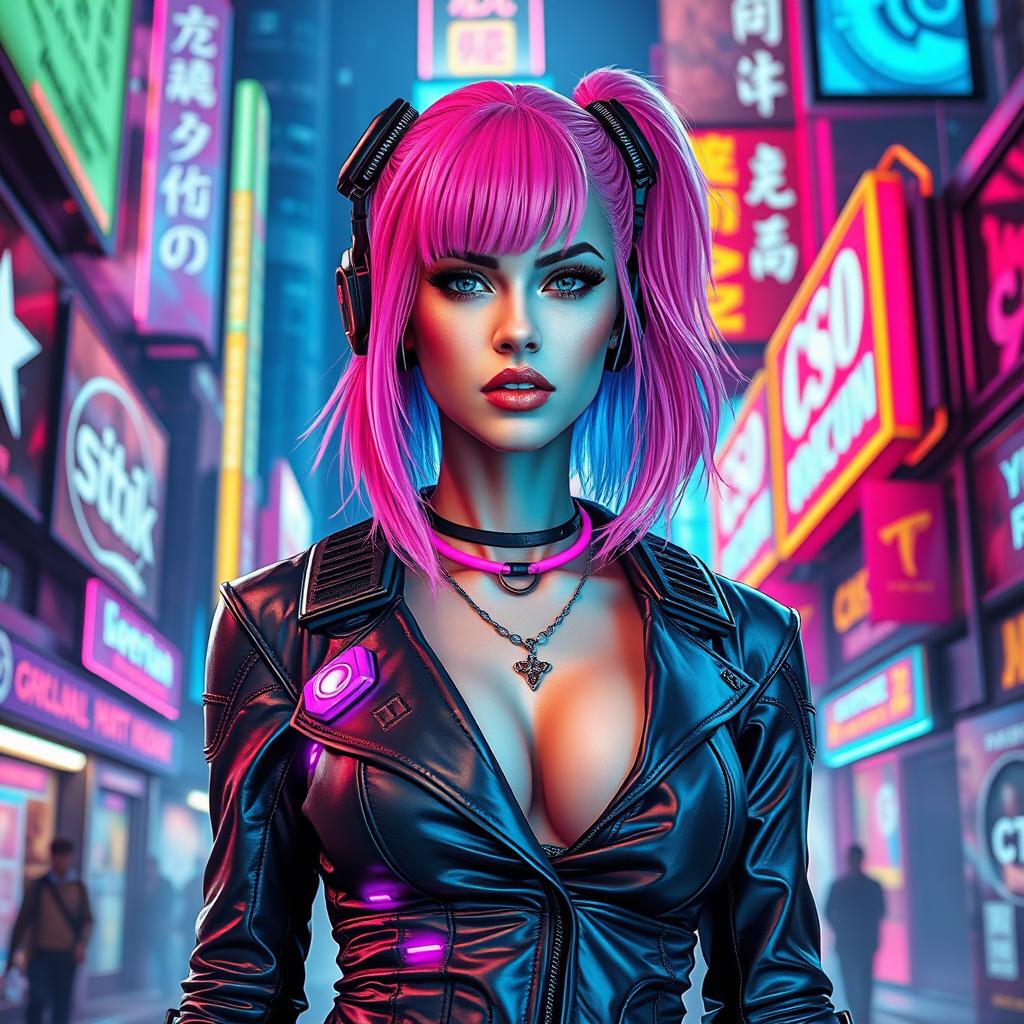 A stunning cyberpunk woman with pink and blue hair, wearing futuristic attire adorned with neon lights and tech accessories