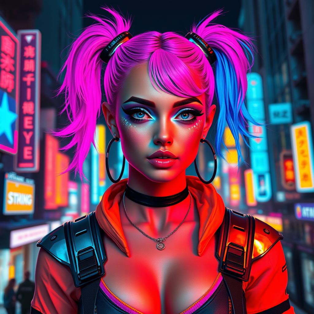 A stunning cyberpunk woman with dual ponytails, one in vibrant pink and the other in electric blue