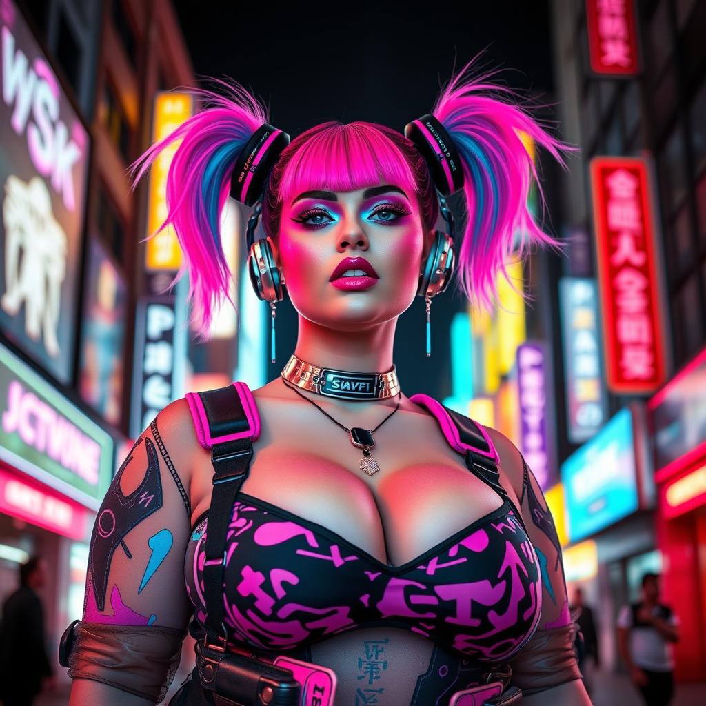 A plus-size cyberpunk woman with vibrant pink and blue pigtails, stylish cybernetic accessories, and futuristic clothing adorned with neon patterns