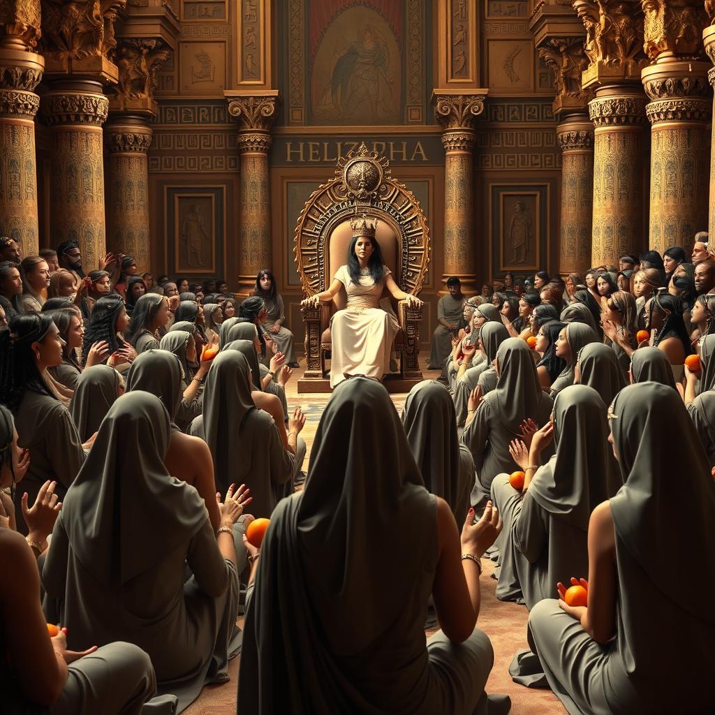 A grand assembly in Pharaoh's palace in ancient Egypt, where women dressed in traditional Egyptian attire are seated on the ground