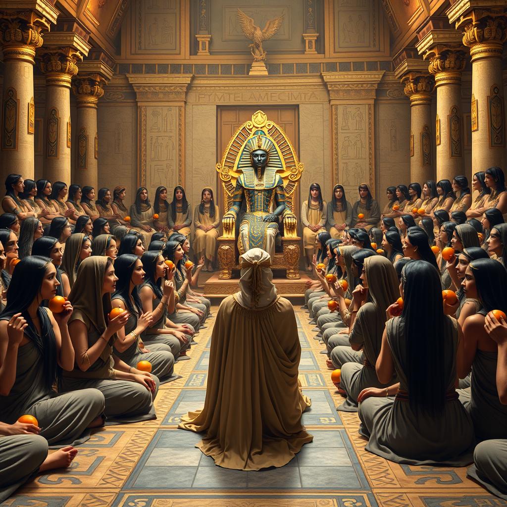 A grand assembly in Pharaoh's palace in ancient Egypt, where women dressed in traditional Egyptian attire are seated on the floor