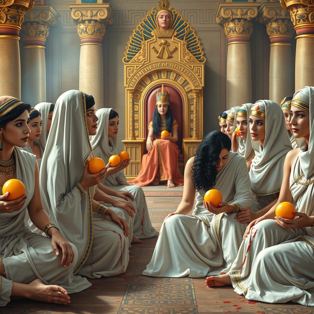 A visually stunning and emotionally charged depiction of an ancient Egyptian assembly in Pharaoh's palace, featuring women adorned in colorful, elegant Egyptian attire, seated gracefully on the ground