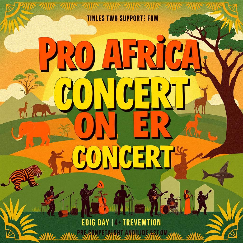 An event poster for a concert supporting Africa, featuring an artistic and vibrant design