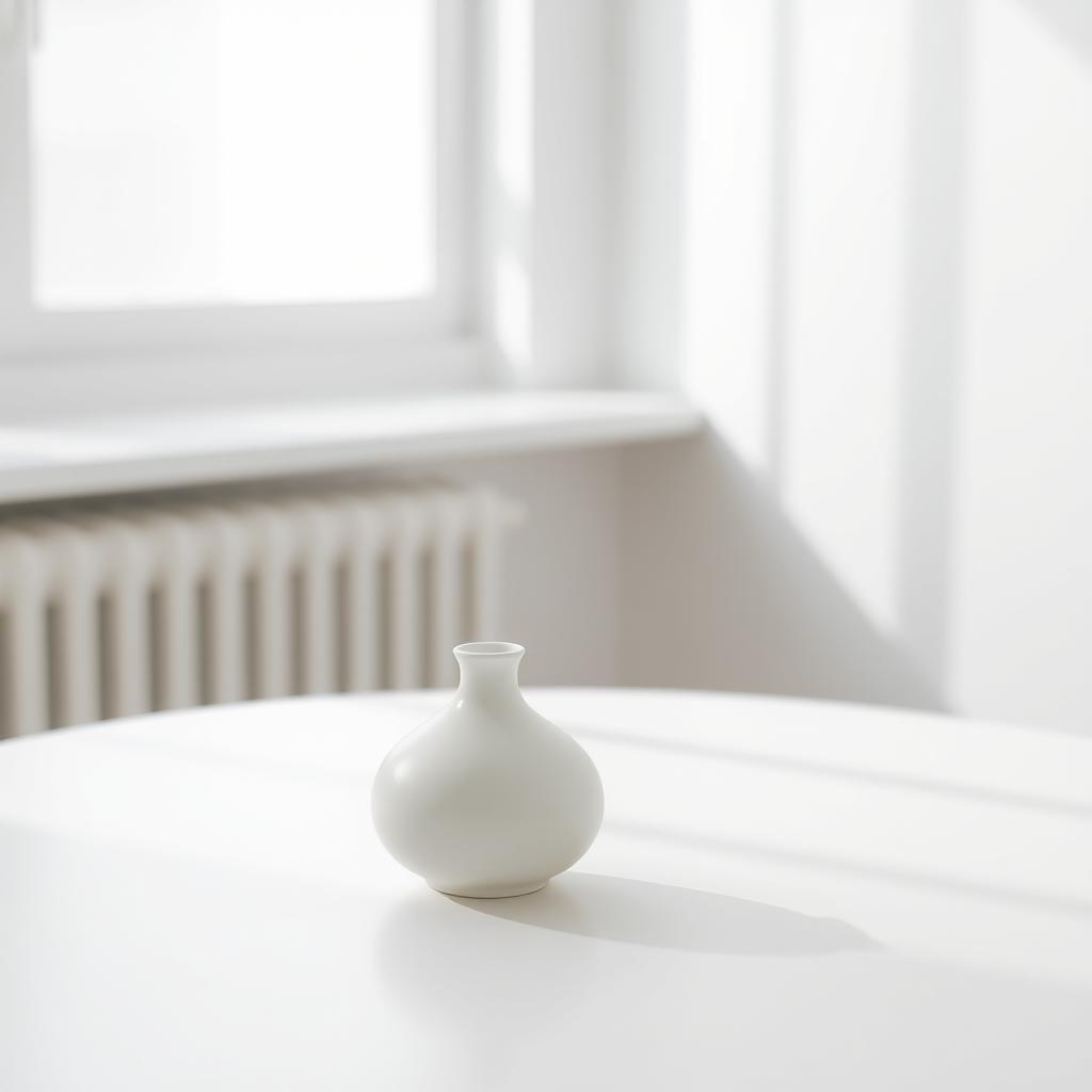 A minimalistic composition featuring a single, elegant white vase on a clean white table, with soft natural light falling from a nearby window, casting gentle shadows
