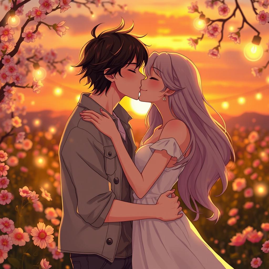A romantic scene depicting two characters sharing a passionate kiss in a picturesque setting, surrounded by blooming flowers and softly glowing fairy lights