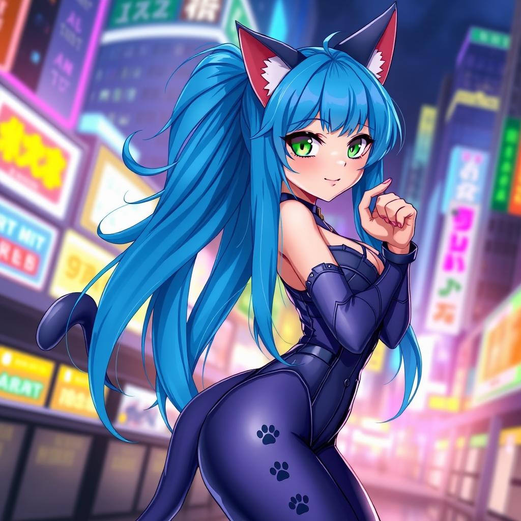 A stunning Felicia catgirl character, featuring long, vibrant blue hair and bright green eyes