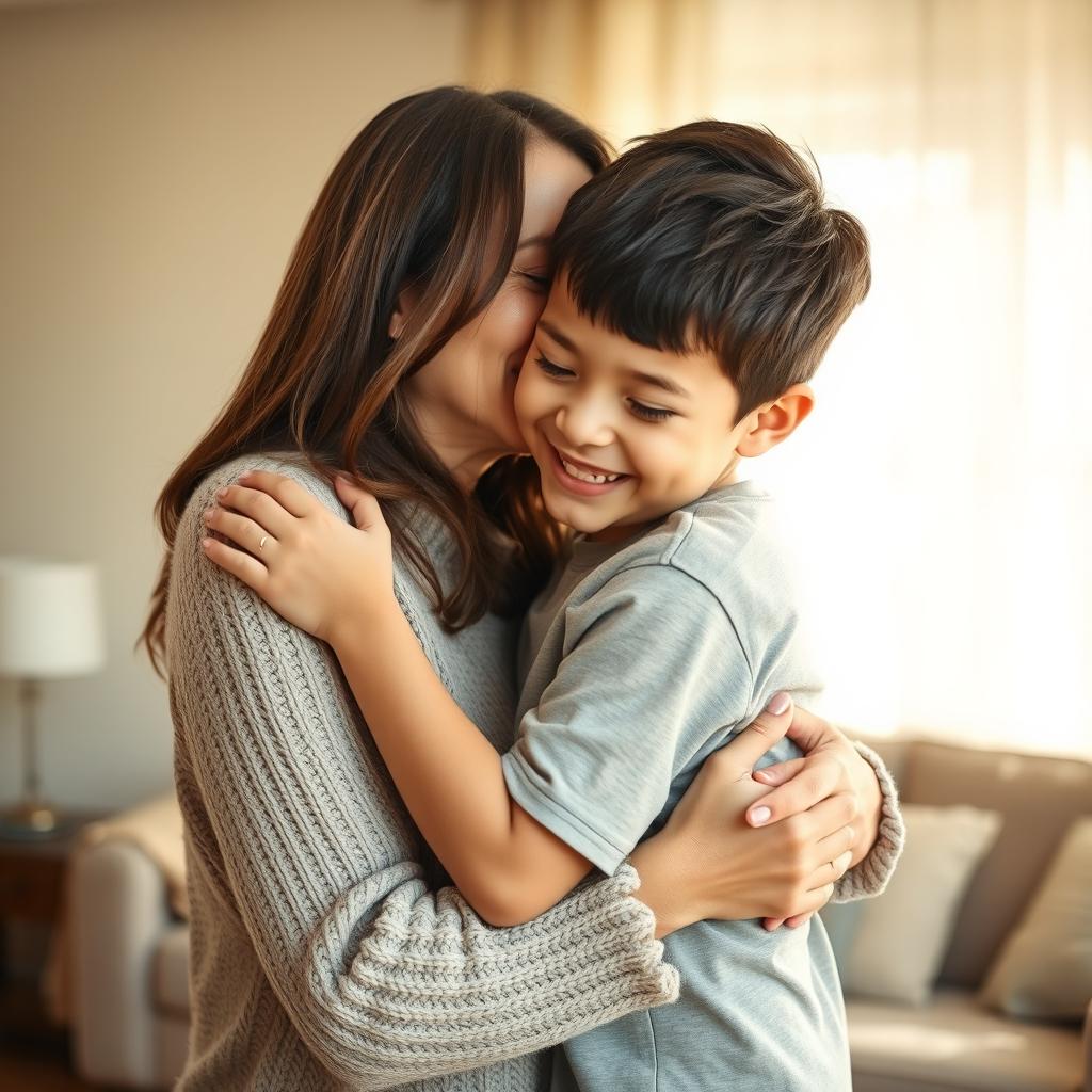 A 40-year-old mother tenderly embracing and kissing her 20-year-old child affectionately