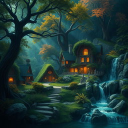 A beautiful and mysterious fantasy elven village nestled among lush greenery