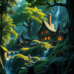 A beautiful and mysterious fantasy elven village nestled among lush greenery