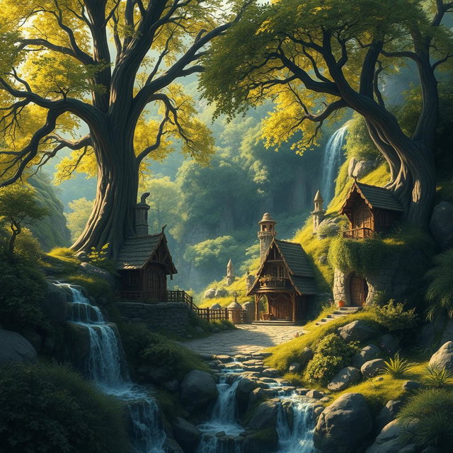 A beautiful and mysterious fantasy elven village nestled among lush greenery
