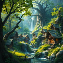 A beautiful and mysterious fantasy elven village nestled among lush greenery