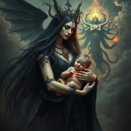 A striking image of Goddess Lilith, portrayed with an ethereal beauty and dark elegance, as she carries the Antichrist, the son of the end times, cradled protectively in her arms