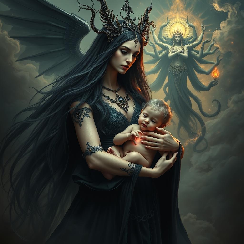 A striking image of Goddess Lilith, portrayed with an ethereal beauty and dark elegance, as she carries the Antichrist, the son of the end times, cradled protectively in her arms